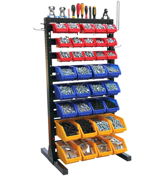 Double Sided Floor Rack Bin Organizer with 15 x 8 x 7 Blue Bins H