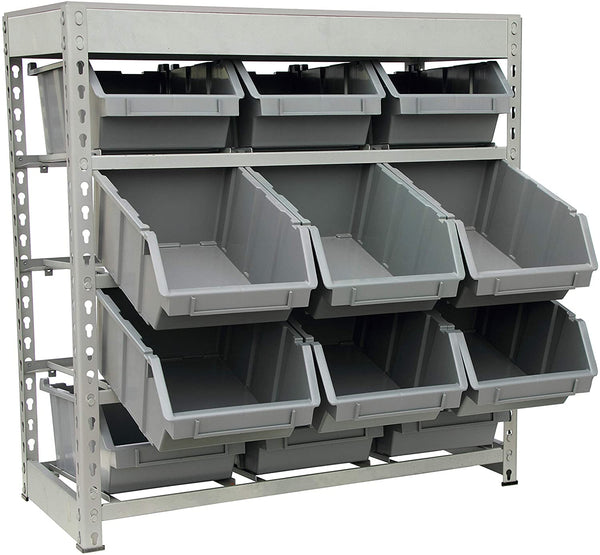 KING'S RACK Bin Rack Boltless Steel Storage System Organizer w/ 12 Plastic  Bins in 4 tiers