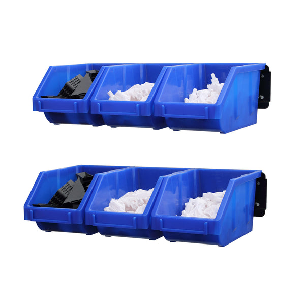 KING'S RACK Wall Mount Hanging Bin Rack Storage System Organizer  w/ 6 Blue Plastic Bins