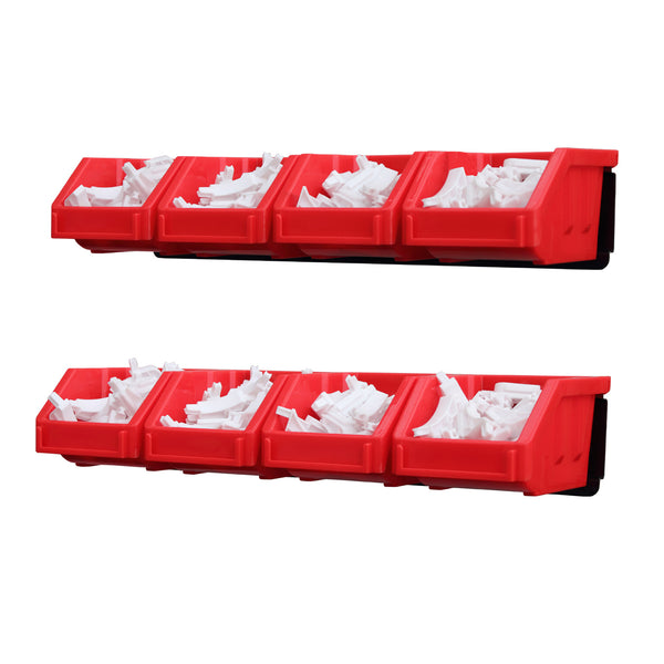 KING'S RACK Wall Mount Hanging Bin Rack Storage System Organizer  w/ 8 Red Plastic Bins